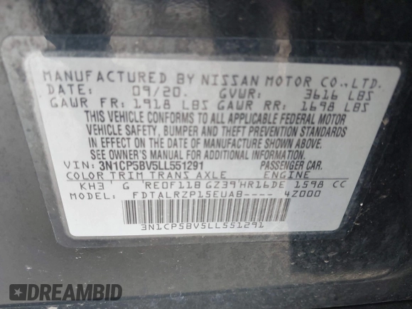 2020 Nissan Kicks S z VIN 3N1CP5BV5LL551291, wystawiony jako IAAI lot #42311004 z przebiegiem Nie podano mil oraz . Historia ofert i sprzedaży dostępna na DreamBid. Obrazek 9.