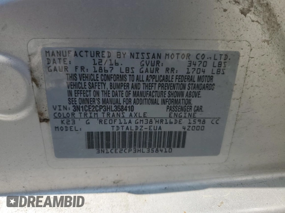2017 Nissan Note SV with VIN 3N1CE2CP3HL358410, listed as a Copart auction lot 60050135 with 88,299 mi miles and Salvage title. Bid and sale history available at DreamBid. Image 13.