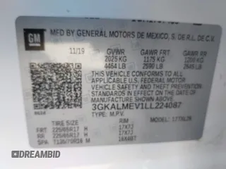 2020 GMC Terrain SLE with VIN 3GKALMEV1LL224087, listed as a IAAI auction lot 41843729 with 54,152 mi miles. Bid and sale history available at carsss.com. Image 9.