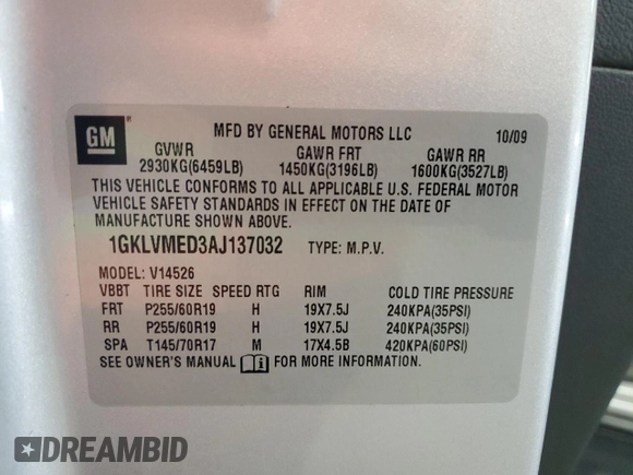 2010 GMC Acadia SLT1 with VIN 1GKLVMED3AJ137032, listed as a Copart auction lot 51586475 with 161,772 mi miles and Salvage Title. Bid and sale history available at carsss.com. Image 14.