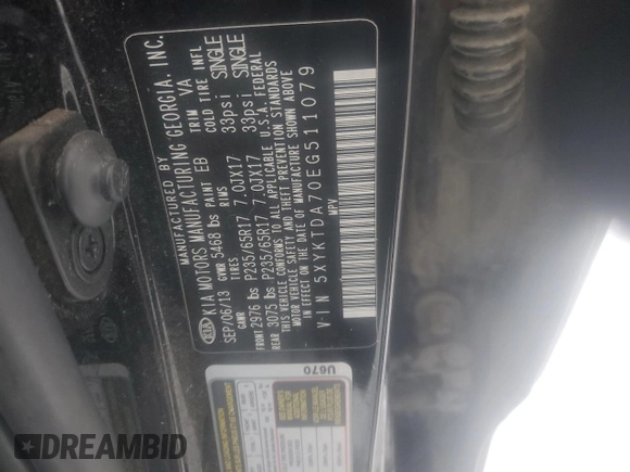 2014 Kia Sorento LX with VIN 5XYKTDA70EG511079, listed as a Copart auction lot 83222574 with 0 mi miles and Salvage Title. Bid and sale history available at carsss.com. Image 16.