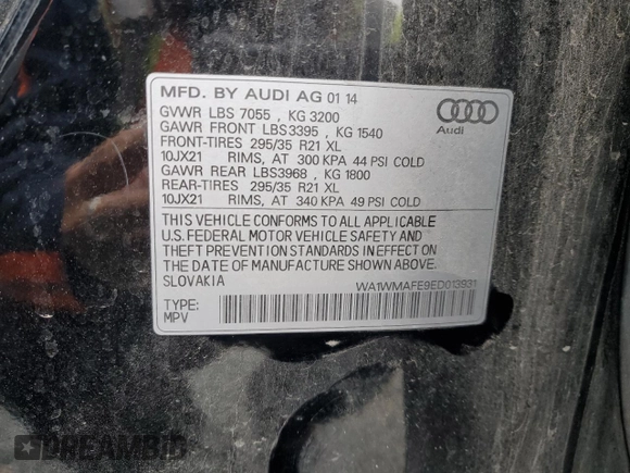 2014 Audi Q7 Prestige with VIN WA1WMAFE9ED013931, listed as a Copart auction lot 56900345 with 109,355 mi miles and Salvage title. Bid and sale history available at DreamBid. Image 13.
