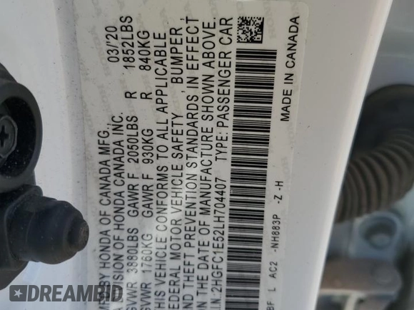 2020 Honda Civic Si with VIN 2HGFC1E52LH704407, listed as a Copart auction lot 54919985 with 44,521 mi miles and Salvage Title. Bid and sale history available at DreamBid. Image 12.