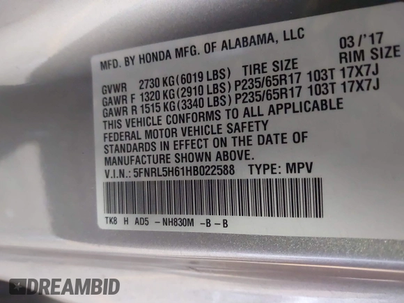 2017 Honda Odyssey EX-L with VIN 5FNRL5H61HB022588, listed as a IAAI auction lot 41716336 with 34,079 mi miles and . Bid and sale history available at DreamBid. Image 9.