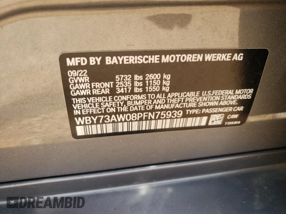 2023 BMW i4 eDrive40 with VIN WBY73AW08PFN75939, listed as a Copart auction lot 56928064 with 10,295 mi miles and Salvage Title. Bid and sale history available at carsss.com. Image 14.