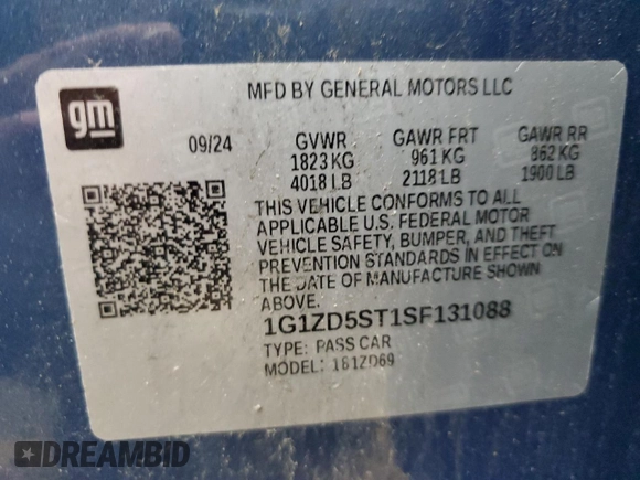 2025 Chevrolet Malibu LT with VIN 1G1ZD5ST1SF131088, listed as a Copart auction lot 54391285 with Not Provided miles and Non Repairable. Bid and sale history available at DreamBid. Image 12.