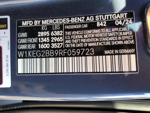 2024 Mercedes-Benz EQE with VIN W1KEG2BB9RF059723, listed as a Copart auction lot 75698164 with 718 mi miles and Salvage Title. Bid and sale history available at carsss.com. Image 13.
