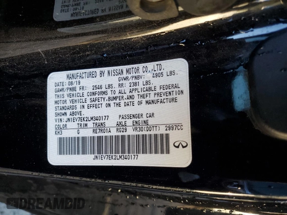 2020 Infiniti Q60 Luxe with VIN JN1EV7EK2LM340177, listed as a Copart auction lot 82057274 with 117,140 mi miles and Salvage Title. Bid and sale history available at carsss.com. Image 13.