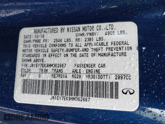 2017 Infiniti Q60 Premium with VIN JN1EV7EK9HM362667, listed as a IAAI auction lot 41888632 with 65,626 mi miles and . Bid and sale history available at DreamBid. Image 9.