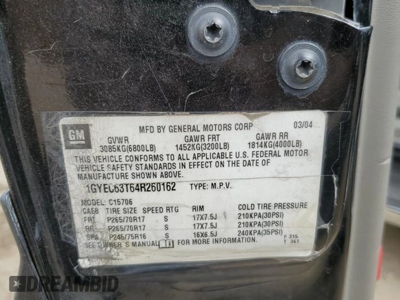 2004 Cadillac Escalade z VIN 1GYEC63T64R260162, wystawiony jako Copart lot #54725685 z przebiegiem 223 615 mil mil oraz Szkoda całkowita • Salvage title. Historia ofert i sprzedaży dostępna na DreamBid. Obrazek 13.
