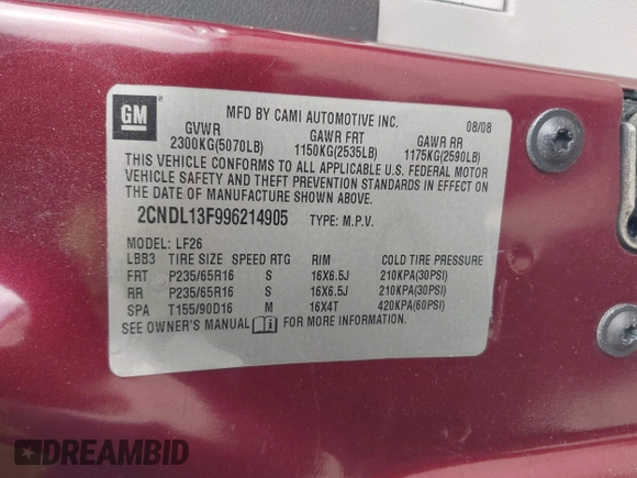 2009 Chevrolet Equinox LS z VIN 2CNDL13F996214905, wystawiony jako IAAI lot #41572065 z przebiegiem 122 459 mil mil oraz . Historia ofert i sprzedaży dostępna na DreamBid. Obrazek 9.