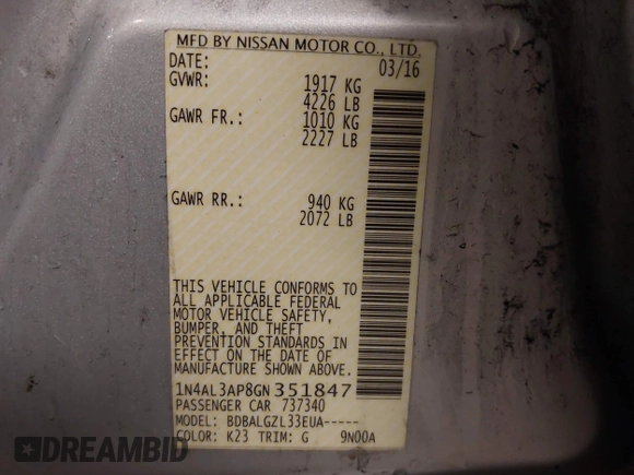 2016 Nissan Altima S with VIN 1N4AL3AP8GN351847, listed as a IAAI auction lot 41977201 with 167,062 mi miles and . Bid and sale history available at DreamBid. Image 9.
