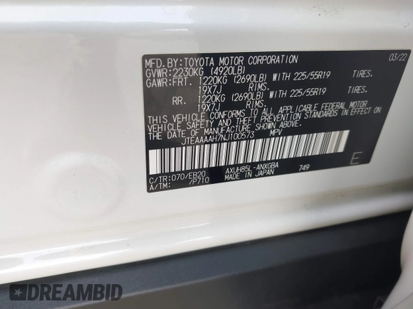 2022 Toyota Venza LE with VIN JTEAAAAH7NJ100573, listed as a IAAI auction lot 41056474 with 29,748 mi miles and . Bid and sale history available at DreamBid. Image 9.