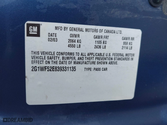 2003 Chevrolet Impala with VIN 2G1WF52E839331135, listed as a IAAI auction lot 41775510 with 139,182 mi miles. Bid and sale history available at carsss.com. Image 9.