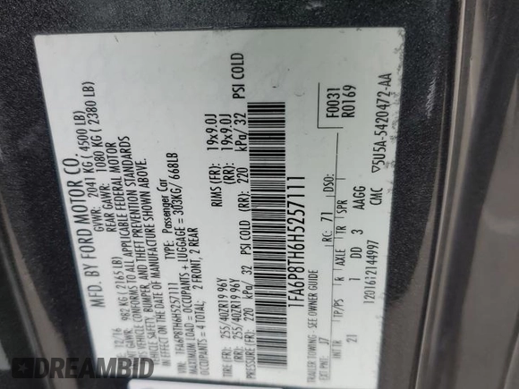2017 Ford Mustang EcoBoost с VIN 1FA6P8TH6H5257111, выставлен на аукционе Copart как лот 53745085 с пробегом 113 231 миль миль и Списание • Salvage title. История ставок и продаж доступна на DreamBid. Изображение 12.