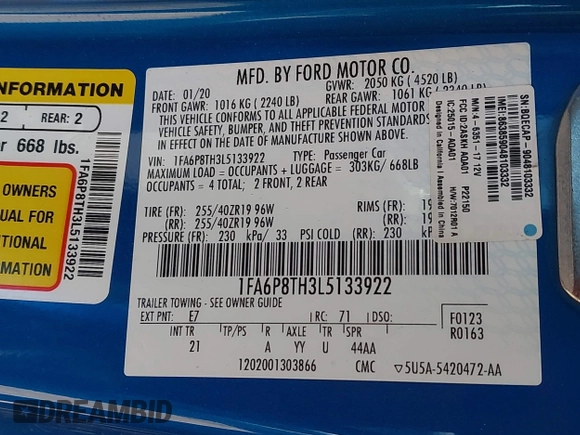 2020 Ford Mustang EcoBoost with VIN 1FA6P8TH3L5133922, listed as a IAAI auction lot 42152718 with 49,809 mi miles. Bid and sale history available at carsss.com. Image 9.