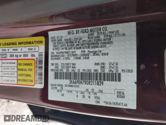 2013 Ford Fusion SE with VIN 3FA6P0H79DR211829, listed as a IAAI auction lot 41843302 with 87,913 mi miles. Bid and sale history available at carsss.com. Image 9.