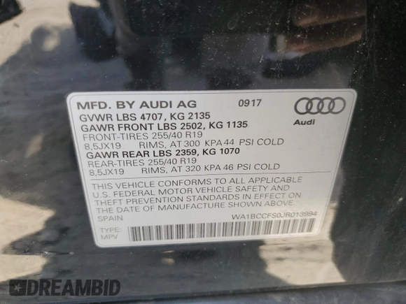 2018 Audi Q3 Premium with VIN WA1BCCFS0JR013994, listed as a Copart auction lot 55537385 with 145,607 mi miles and Clean title. Bid and sale history available at DreamBid. Image 13.