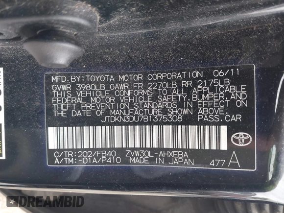 2011 Toyota Prius I with VIN JTDKN3DU7B1375308, listed as a IAAI auction lot 42175054 with 146,975 mi miles. Bid and sale history available at carsss.com. Image 9.