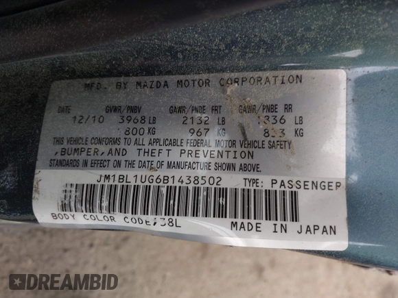 2011 Mazda 3 i Sport with VIN JM1BL1UG6B1438502, listed as a IAAI auction lot 41950959 with 131,856 mi miles and . Bid and sale history available at DreamBid. Image 9.