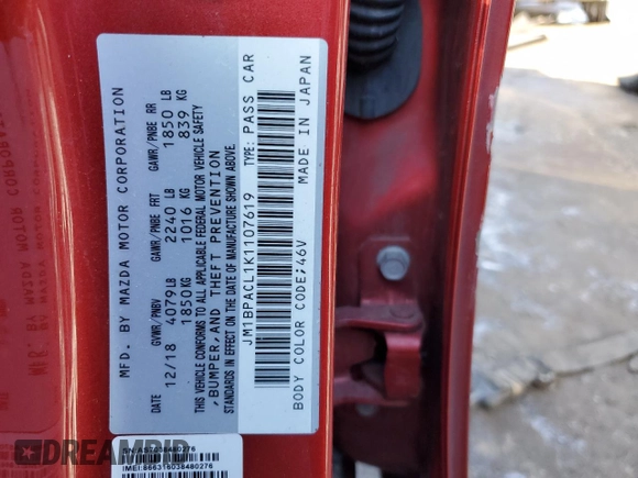2019 Mazda 3 w/Select with VIN JM1BPACL1K1107619, listed as a Copart auction lot 42220895 with Not Provided miles and Salvage Title. Bid and sale history available at carsss.com. Image 12.