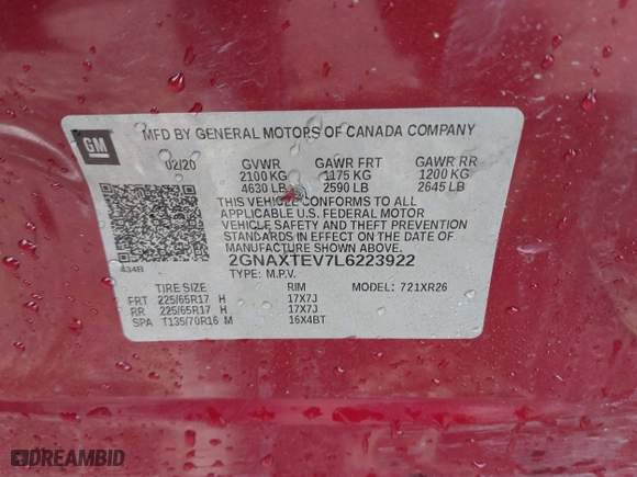 2020 Chevrolet Equinox LT with VIN 2GNAXTEV7L6223922, listed as a IAAI auction lot 41662463 with 58,148 mi miles. Bid and sale history available at carsss.com. Image 9.