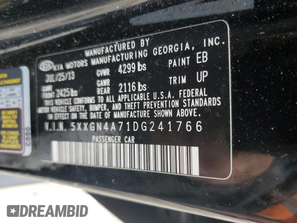 2013 Kia Optima EX with VIN 5XXGN4A71DG241766, listed as a Copart auction lot 47257755 with 56,088 mi miles and Clean Title. Bid and sale history available at carsss.com. Image 12.