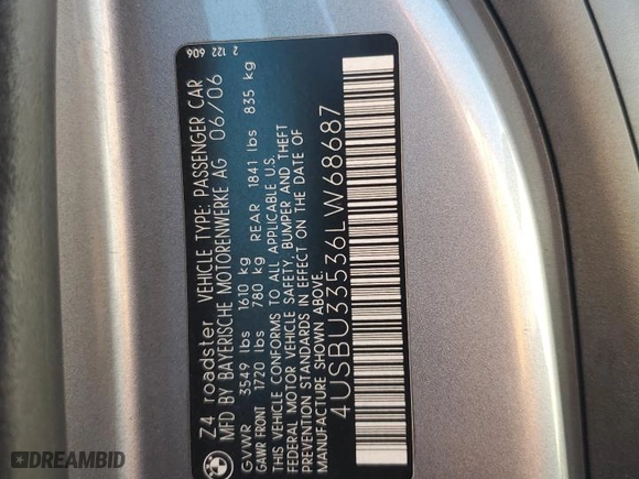 2006 BMW Z4 3.0i with VIN 4USBU33536LW68687, listed as a Copart auction lot 84569814 with 158,312 mi miles and Clean Title. Bid and sale history available at carsss.com. Image 12.