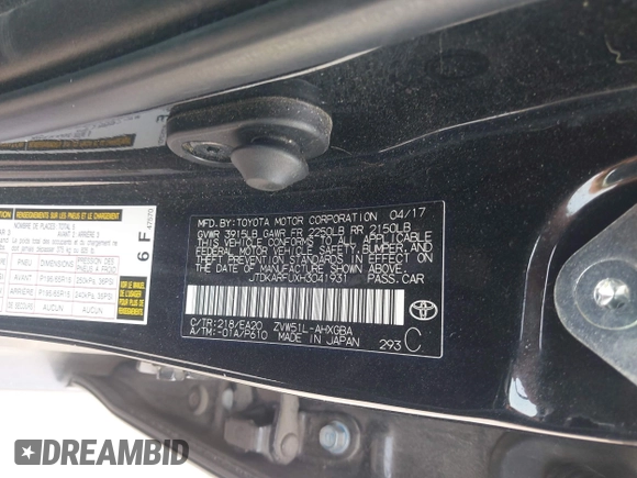 2017 Toyota Prius Two with VIN JTDKARFUXH3041931, listed as a IAAI auction lot 42075004 with 75,768 mi miles and . Bid and sale history available at DreamBid. Image 9.