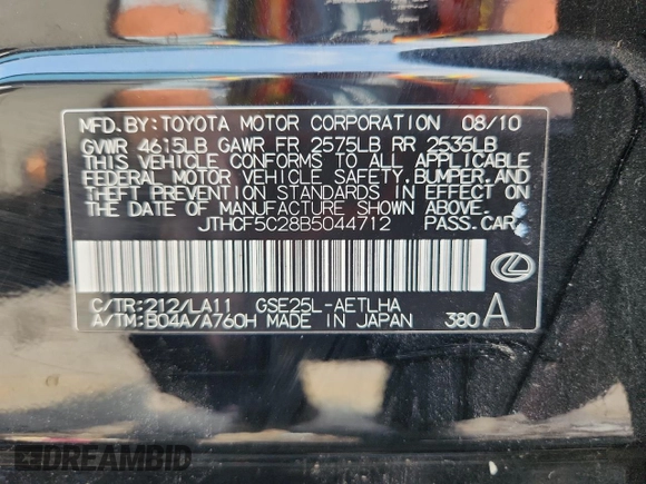 2011 Lexus IS 250 with VIN JTHCF5C28B5044712, listed as a Copart auction lot 62860335 with 126,814 mi miles and Salvage title. Bid and sale history available at DreamBid. Image 12.