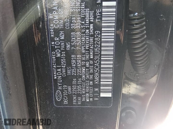 2020 Hyundai Kona Ultimate with VIN KM8K5CA53LU522829, listed as a Copart auction lot 49912165 with 33,995 mi miles and Clean Title. Bid and sale history available at carsss.com. Image 12.