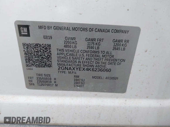 2019 Chevrolet Equinox Premier with VIN 2GNAXYEX4K6236060, listed as a IAAI auction lot 41498269 with 123,971 mi miles. Bid and sale history available at carsss.com. Image 9.