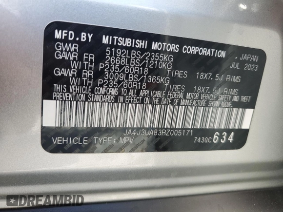 2024 Mitsubishi Outlander ES z VIN JA4J3UA83RZ005171, wystawiony jako Copart lot #57891695 z przebiegiem 14 605 mil mil oraz Nie do naprawy • Non repairable. Historia ofert i sprzedaży dostępna na DreamBid. Obrazek 13.