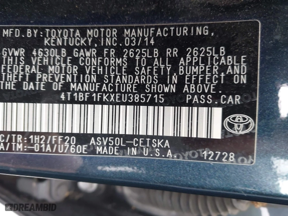 2014 Toyota Camry L with VIN 4T1BF1FKXEU385715, listed as a IAAI auction lot 41924726 with 187,486 mi miles. Bid and sale history available at carsss.com. Image 9.