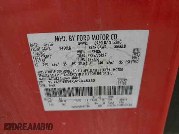 2010 Ford F-150 XL with VIN 1FTMF1EWXAKA46380, listed as a Copart auction lot 82035424 with 188,079 mi miles and Clean Title. Bid and sale history available at DreamBid. Image 14.