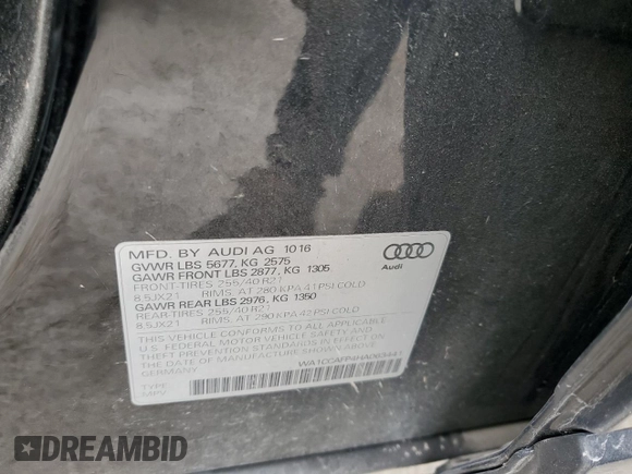 2017 Audi SQ5 Premium Plus with VIN WA1CCAFP4HA063441, listed as a Copart auction lot 57372523 with 104,066 mi miles. Bid and sale history available at carsss.com. Image 12.