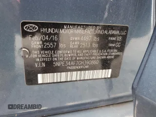 2016 Hyundai Sonata Sport with VIN 5NPE34AF7GH390860, listed as a Copart auction lot 53282325 with 140,947 mi miles and Salvage Title. Bid and sale history available at DreamBid. Image 12.