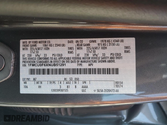 2022 Ford Escape S with VIN 1FMCU0F6XNUB51291, listed as a Copart auction lot 50967505 with 46,807 mi miles and Salvage title. Bid and sale history available at DreamBid. Image 13.