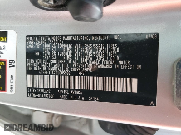 2009 Toyota Venza with VIN 4T3BE11A29U005992, listed as a Copart auction lot 51914375 with 135,801 mi miles and Clean Title. Bid and sale history available at DreamBid. Image 13.