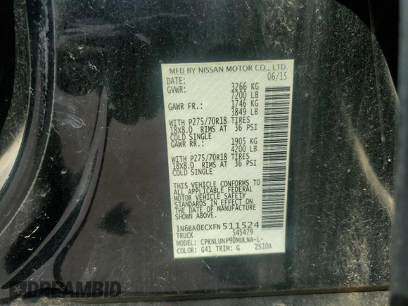 2015 Nissan Titan SV с VIN 1N6BA0ECXFN511524, выставлен на аукционе Copart как лот 49652765 с пробегом 137 851 миль миль и Списание • Salvage title. История ставок и продаж доступна на DreamBid. Изображение 14.