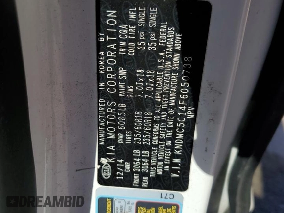2015 Kia Sedona EX with VIN KNDMC5C14F6050738, listed as a Copart auction lot 52596095 with 142,551 mi miles and Salvage Title. Bid and sale history available at carsss.com. Image 13.