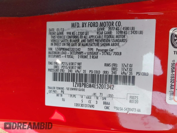 2014 Ford Mustang V6 z VIN 1ZVBP8EM4E5201342, wystawiony jako IAAI lot #42377801 z przebiegiem 99 600 mil mil oraz . Historia ofert i sprzedaży dostępna na DreamBid. Obrazek 9.