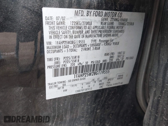 2008 Ford Taurus Limited with VIN 1FAHP25W28G119555, listed as a IAAI auction lot 42183800 with 178,563 mi miles and . Bid and sale history available at DreamBid. Image 9.