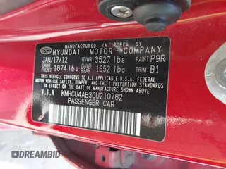 2012 Hyundai Accent GLS with VIN KMHCU4AE3CU210782, listed as a IAAI auction lot 42159648 with 113,327 mi miles. Bid and sale history available at carsss.com. Image 9.