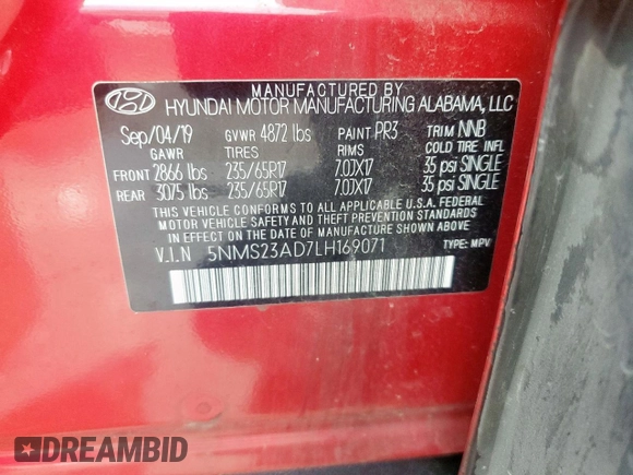 2020 Hyundai Santa Fe SE with VIN 5NMS23AD7LH169071, listed as a Copart auction lot 47725845 with 0 mi miles and Salvage Title. Bid and sale history available at carsss.com. Image 13.