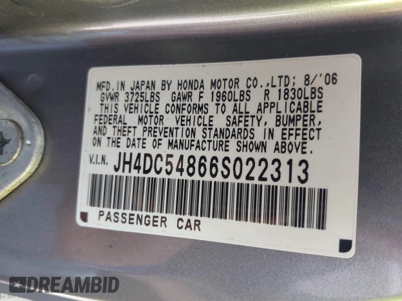 2006 Acura RSX с VIN JH4DC54866S022313, выставлен на аукционе IAAI как лот 42171695 с пробегом 172 822 миль миль и . История ставок и продаж доступна на DreamBid. Изображение 9.