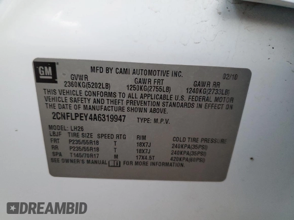 2010 Chevrolet Equinox LT w/2LT with VIN 2CNFLPEY4A6319947, listed as a Copart auction lot 84196814 with 162,465 mi miles and Salvage Title. Bid and sale history available at carsss.com. Image 13.