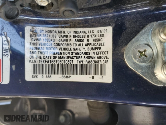 2009 Honda Civic LX z VIN 19XFA16579E010397, wystawiony jako Copart lot #60695885 z przebiegiem 262 130 mil mil oraz Czysty tytuł • Clean title. Historia ofert i sprzedaży dostępna na DreamBid. Obrazek 12.