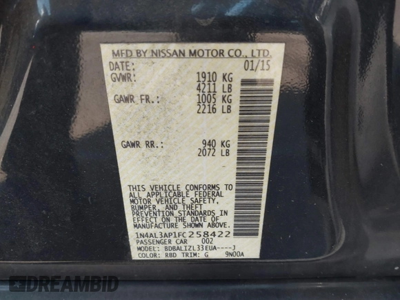 2015 Nissan Altima SV with VIN 1N4AL3AP1FC258422, listed as a IAAI auction lot 41537701 with 129,355 mi miles and . Bid and sale history available at carsss.com. Image 9.