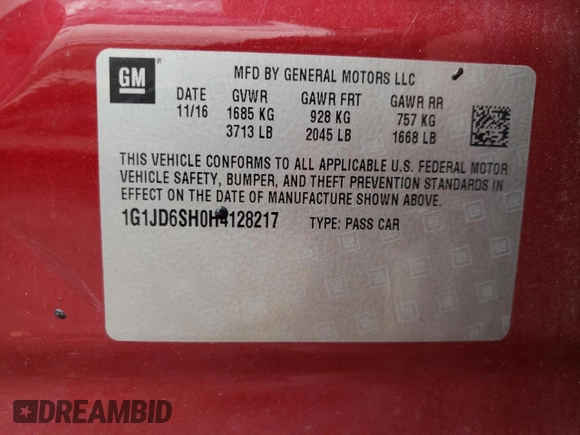 2017 Chevrolet Sonic LT z VIN 1G1JD6SH0H4128217, wystawiony jako Copart lot #55092485 z przebiegiem 41 545 mil mil oraz Szkoda całkowita • Salvage title. Historia ofert i sprzedaży dostępna na DreamBid. Obrazek 13.